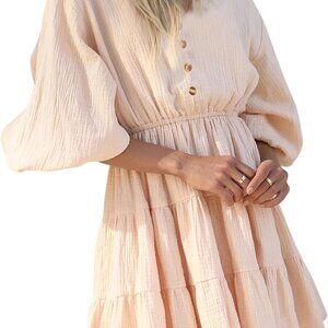 Women's Cotton Linen Mini Dress A-Line Puff Sleeves Button Up Summer Casual